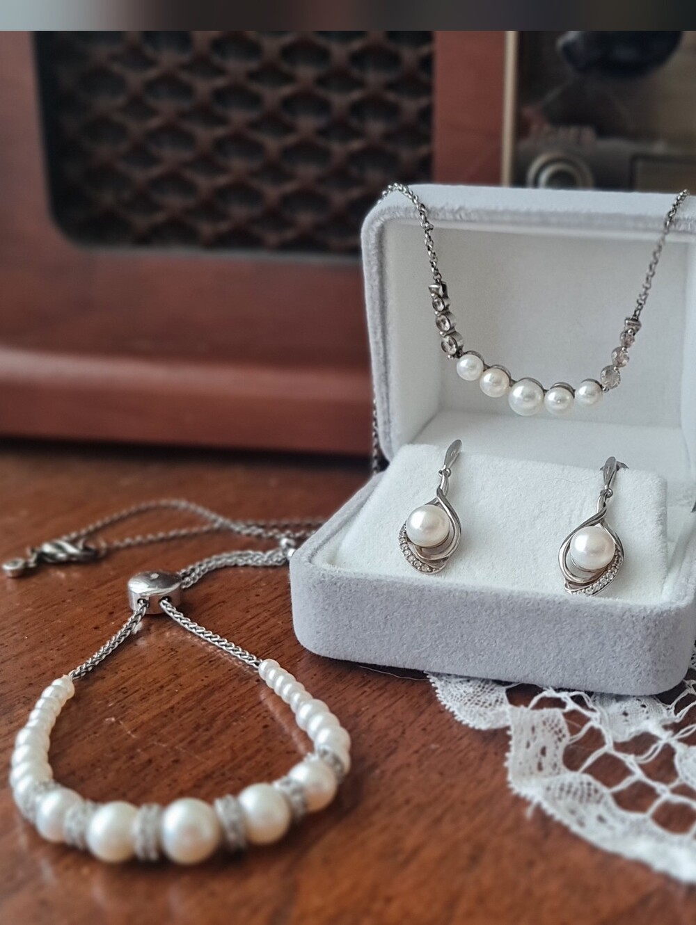 Genuine Pearl & Silver Necklace, Bracelet, & Earring Set